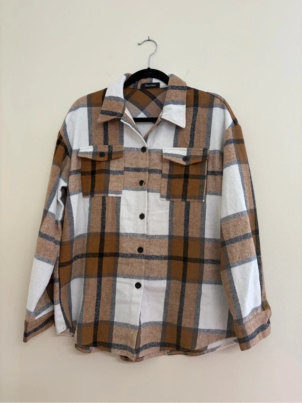 Cozy Plaid Button-Up Shacket in Camel & White
